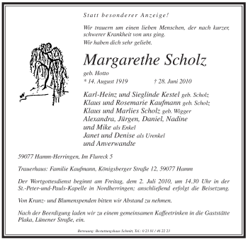 Todesanzeige von Margarethe Scholz von WESTFÄLISCHER ANZEIGER