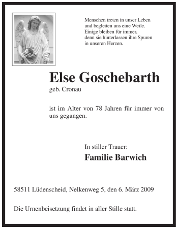 Todesanzeige von Else Goschebarth von WESTFÄLISCHER ANZEIGER