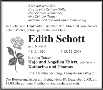 Todesanzeige von Edith Schott von WESTFÄLISCHER ANZEIGER