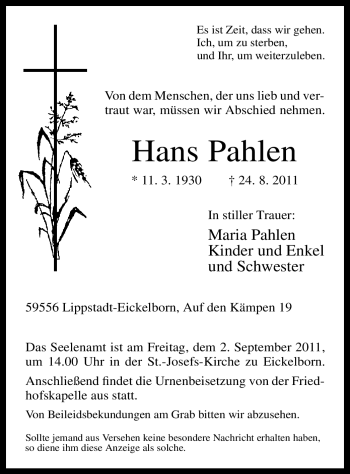 Todesanzeige von Hans Pahlen von WESTFÄLISCHER ANZEIGER