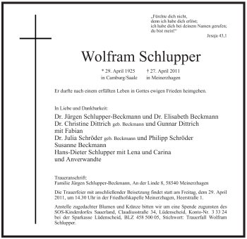 Todesanzeige von Wolfgang Schlupper von WESTFÄLISCHER ANZEIGER