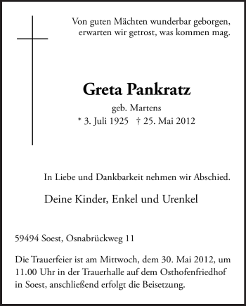 Todesanzeige von Greta Pankratz von WESTFÄLISCHER ANZEIGER