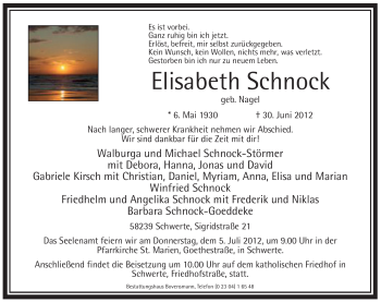 Todesanzeige von Elisabeth Schnock von WESTFÄLISCHER ANZEIGER