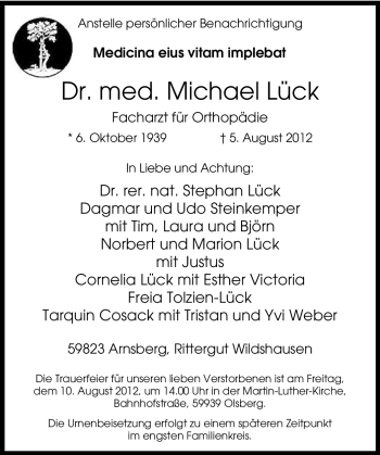 Todesanzeige von Michael Lück von WESTFÄLISCHER ANZEIGER