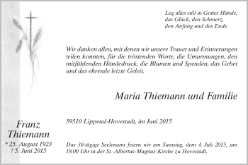 Todesanzeige von Franz Thiemann von MZV
