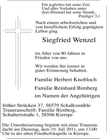 Todesanzeige von Siegfried Wenzel von WESTFÄLISCHER ANZEIGER
