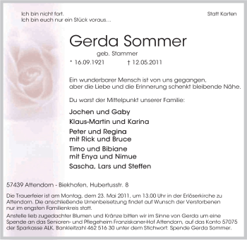 Todesanzeige von Gerda Sommer von WESTFÄLISCHER ANZEIGER
