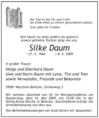 Todesanzeige von Silke Daum von WESTFÄLISCHER ANZEIGER