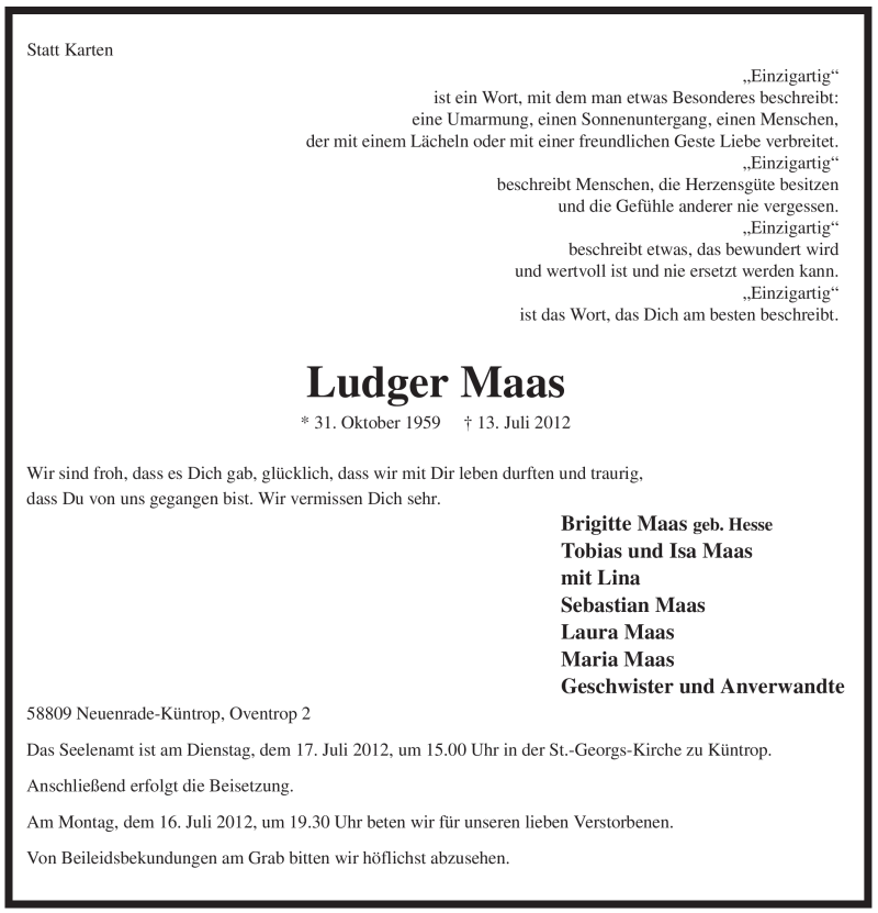  Traueranzeige für Ludger Maas vom 14.07.2012 aus WESTFÄLISCHER ANZEIGER
