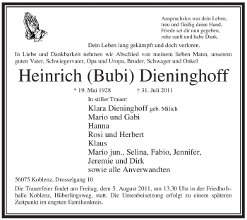 Todesanzeige von Heinrich Dieninghoff von WESTFÄLISCHER ANZEIGER