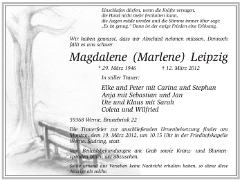 Todesanzeige von Magdalene Leipzig von WESTFÄLISCHER ANZEIGER