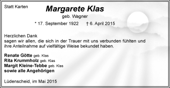 Todesanzeige von Margarete Klas von MZV
