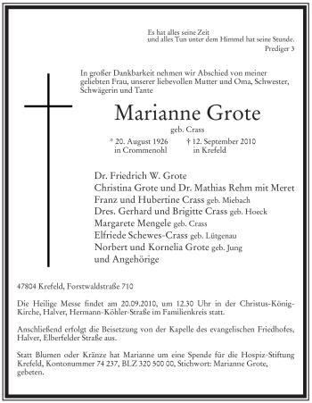 Todesanzeige von Marianne Grote von WESTFÄLISCHER ANZEIGER