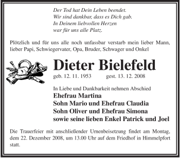 Todesanzeige von Dieter Bielefeld von WESTFÄLISCHER ANZEIGER