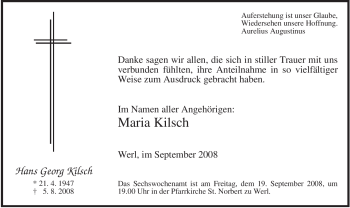Todesanzeige von Hans Georg Kilsch von WESTFÄLISCHER ANZEIGER