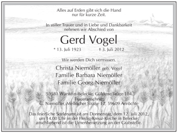 Todesanzeige von Gerd Vogel von WESTFÄLISCHER ANZEIGER