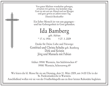 Todesanzeige von Ida Bamberg von WESTFÄLISCHER ANZEIGER