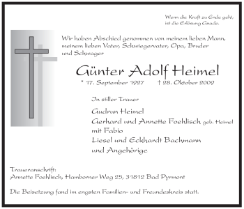 Todesanzeige von Günter Adolf Heimel von WESTFÄLISCHER ANZEIGER