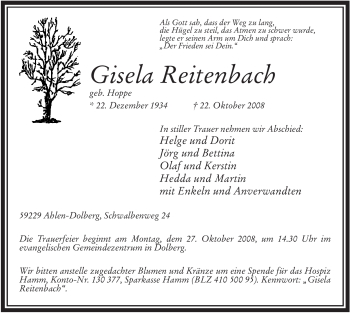 Todesanzeige von Gisela Reitenbach von WESTFÄLISCHER ANZEIGER