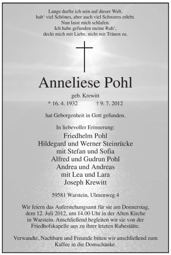 Todesanzeige von Anneliese Pohl von WESTFÄLISCHER ANZEIGER