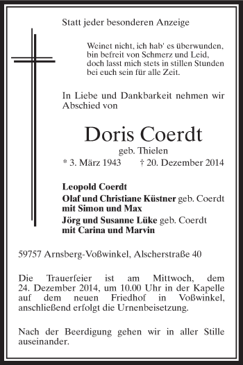 Todesanzeige von Doris Coerdt von MZV