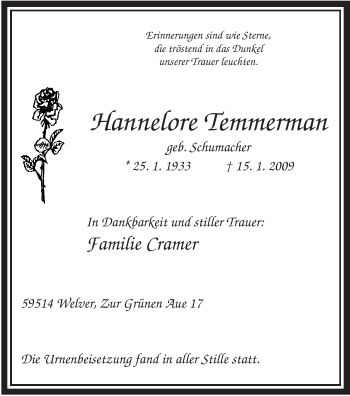 Todesanzeige von Hannelore Temmerman von WESTFÄLISCHER ANZEIGER