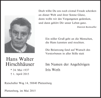 Todesanzeige von Hans Walter Hirschhäuser von MZV