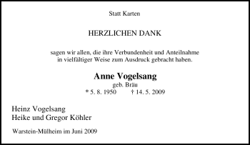 Todesanzeige von Anne Vogelsang von WESTFÄLISCHER ANZEIGER
