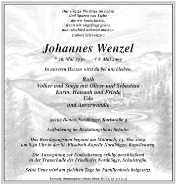 Todesanzeige von Johannes Wenzel von WESTFÄLISCHER ANZEIGER