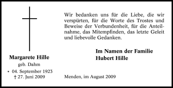 Todesanzeige von Margarete Hille von WESTFÄLISCHER ANZEIGER
