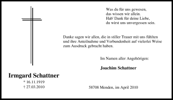 Todesanzeige von Irmgard Schattner von WESTFÄLISCHER ANZEIGER