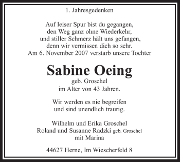 Todesanzeige von Sabine Oeing von WESTFÄLISCHER ANZEIGER