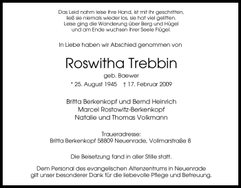 Todesanzeige von Roswitha Trebbin von WESTFÄLISCHER ANZEIGER
