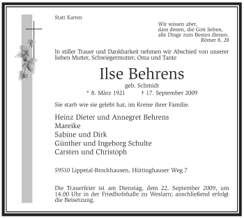 Todesanzeige von Ilse Behrens von WESTFÄLISCHER ANZEIGER