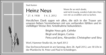 Todesanzeige von Heinz Neuss von WESTFÄLISCHER ANZEIGER