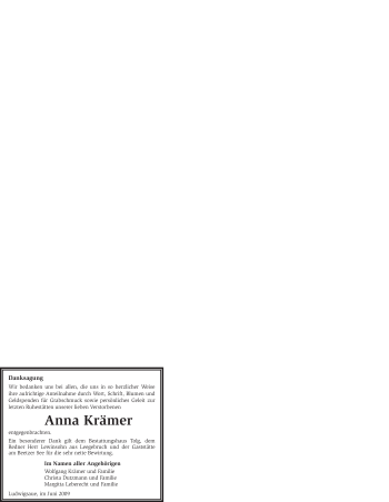 Todesanzeige von Anna Krämer von WESTFÄLISCHER ANZEIGER