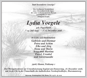 Todesanzeige von Lydia Vögele von WESTFÄLISCHER ANZEIGER