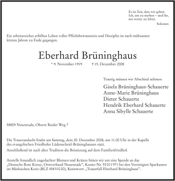Todesanzeige von Eberhard Brüninghaus von WESTFÄLISCHER ANZEIGER