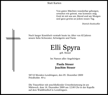 Todesanzeige von Elli Spyra von WESTFÄLISCHER ANZEIGER