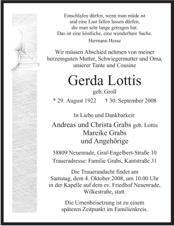 Todesanzeige von Gerda Lottis von WESTFÄLISCHER ANZEIGER