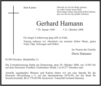 Todesanzeige von Gerhard Hamann von WESTFÄLISCHER ANZEIGER