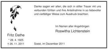 Todesanzeige von Fritz Dathe von WESTFÄLISCHER ANZEIGER