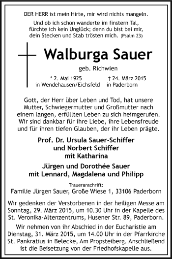 Todesanzeige von Walburga Sauer von MZV