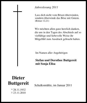 Todesanzeige von Dieter Buttgereit von WESTFÄLISCHER ANZEIGER