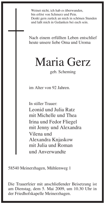 Todesanzeige von Maria Gerz von WESTFÄLISCHER ANZEIGER