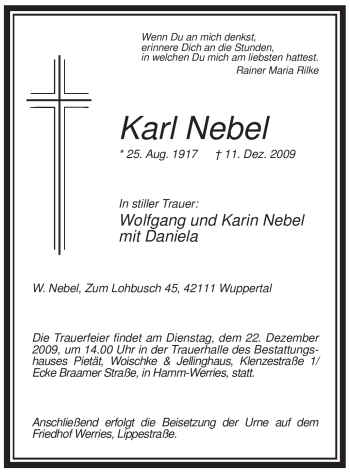 Todesanzeige von Karl Nebel von WESTFÄLISCHER ANZEIGER