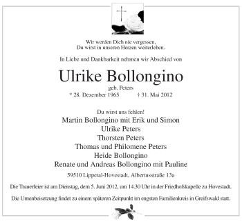 Todesanzeige von Ulrike Bollongino von WESTFÄLISCHER ANZEIGER