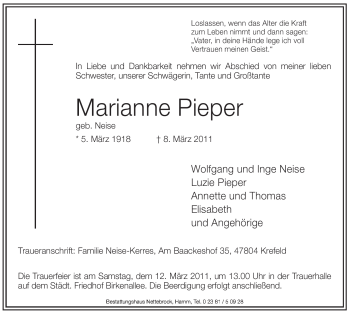 Todesanzeige von Marianne Pieper von WESTFÄLISCHER ANZEIGER