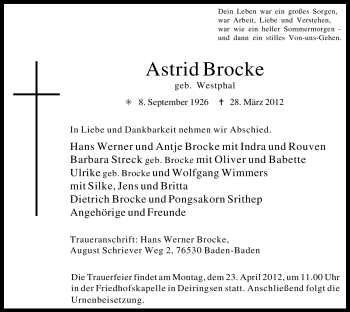 Todesanzeige von Astrid Brocke von WESTFÄLISCHER ANZEIGER