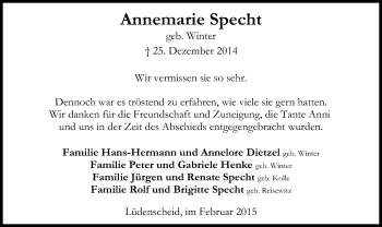 Todesanzeige von Annemarie Specht von MZV